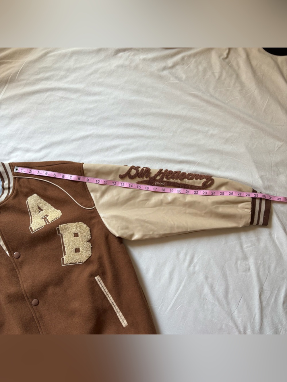 Aelfric Eden Towel Embroidery Varsity Jacket Brown Cream Oversized L - Picture 15 of 15